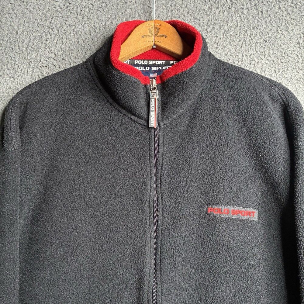Vintage 90s Polo Sport Ralph Lauren Fleece Jacket Men XL USA Made Black Full Zip